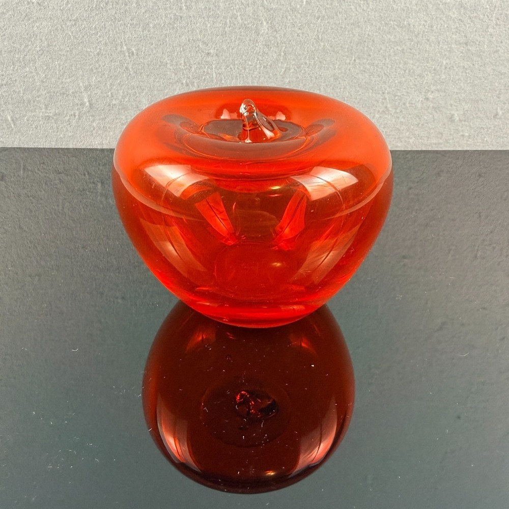 Blenko Ruby Red Hand Blown Art Glass Apple Paperweight Clear Stem MCM‎
